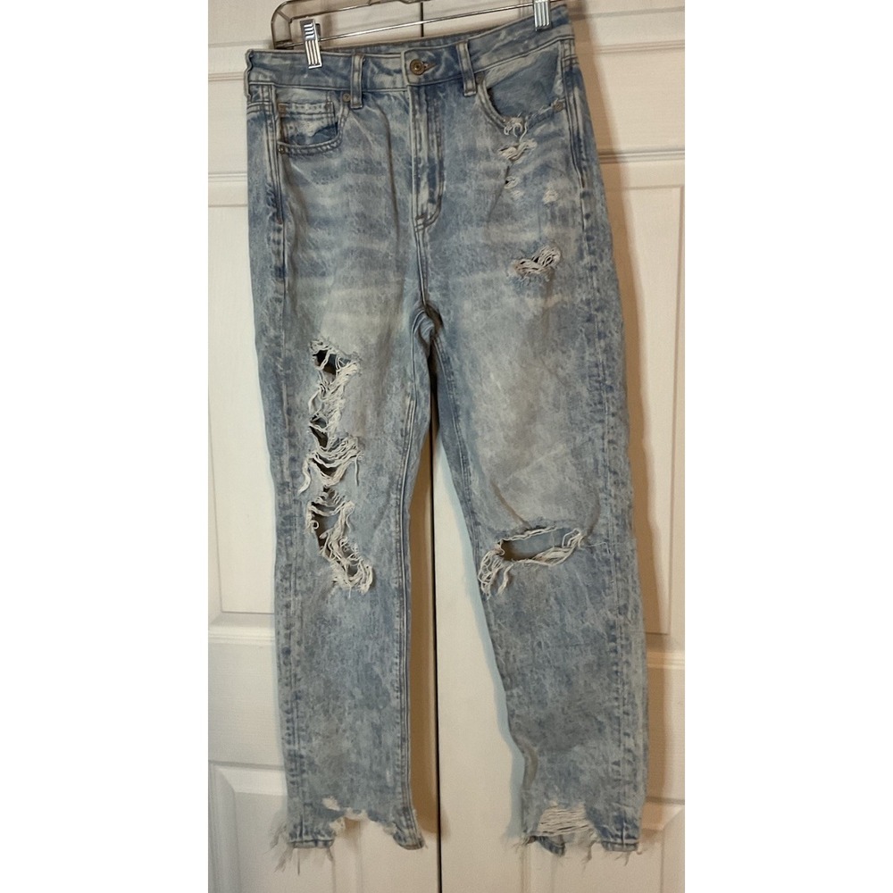 American Eagle Mom Jeans Womens Size 4 Reg Blue Distressed High Rise 90s Stretch